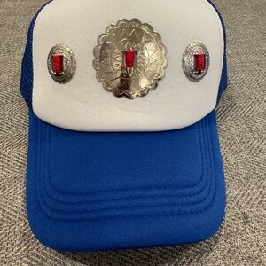 Blue and White Trucker Hat with Silver Accents